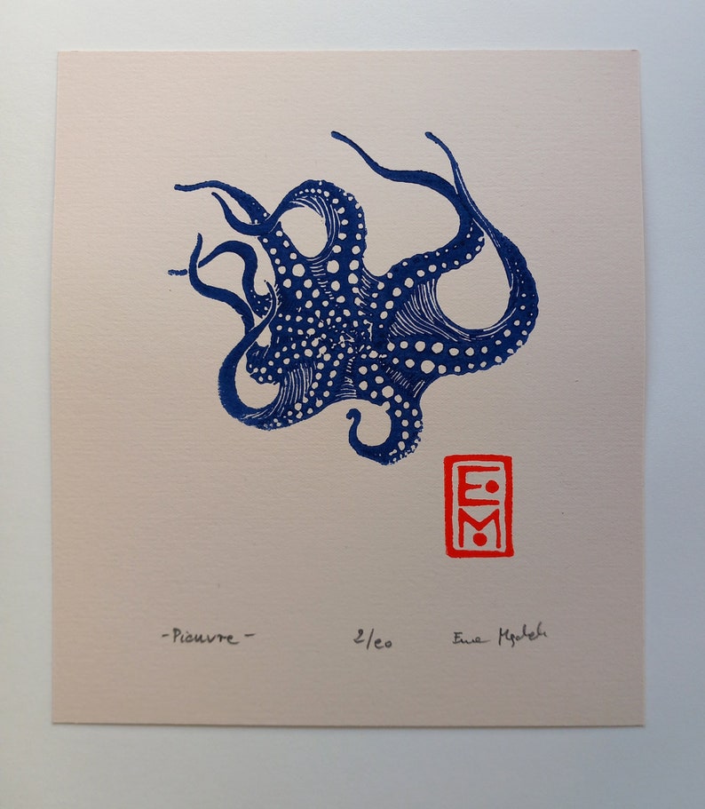 Linocut Ink Octopus Original Art Print Limited Edition Etsy