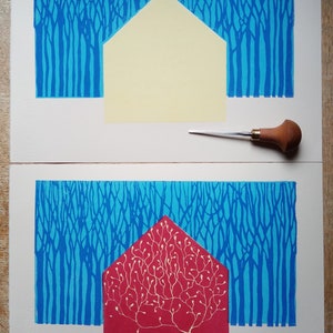 linocut Red house in the woods original art print, nature art, forest artwork, limited edition, hand carved and printed, multiblock print image 4
