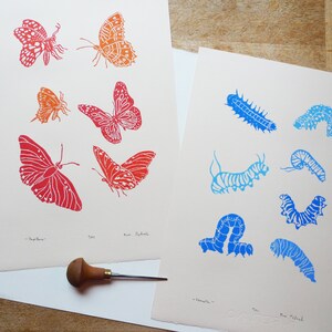 linocut Butterflies, original art print, engraved and hand printed, Insect illustration, nature art, garden artwork image 2