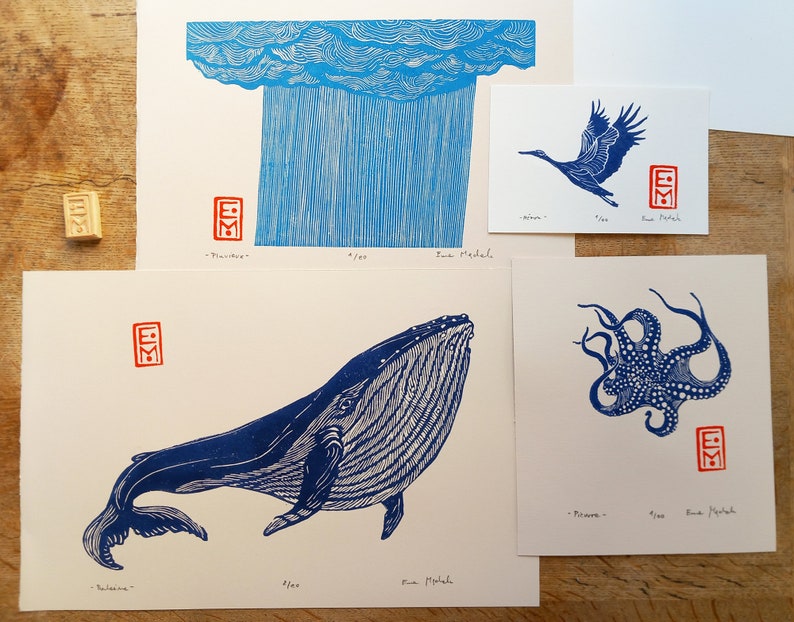 Linocut Ink octopus - original art print, limited edition, zoological illustration, minimalist nature art, hand carved and hand printed image 8