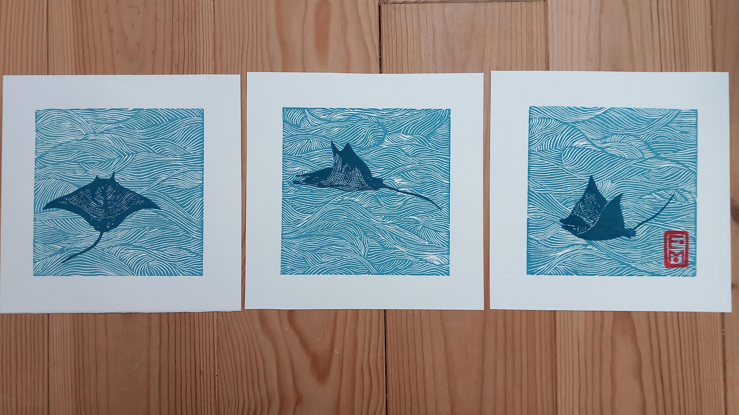 Linocut Triptych Swim - original art print, poetic illustration, marine art, nature wall art, limited edition, manta ray