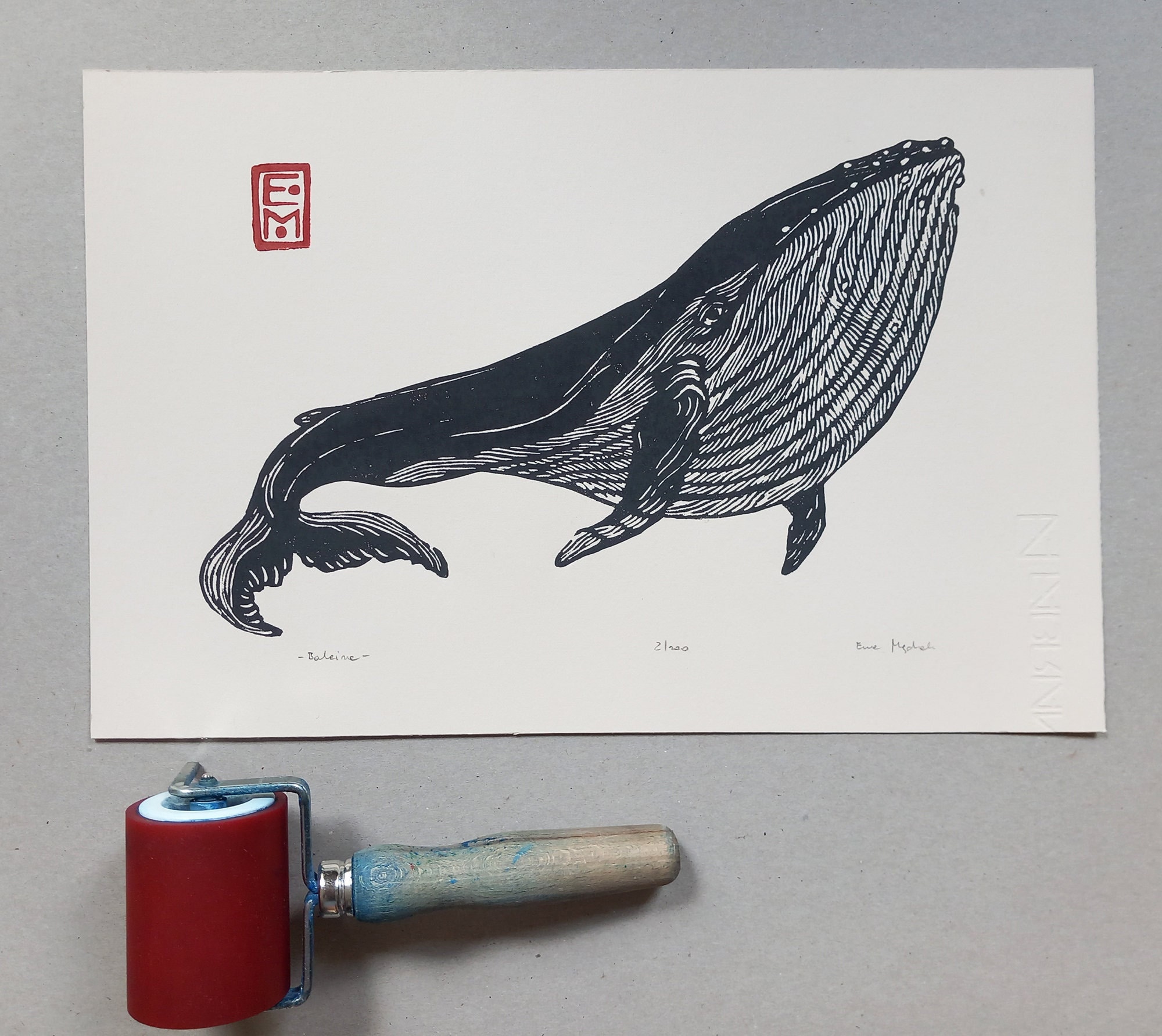 linocut Black Whale - original art print, hand engraved and printed, marine art, nature art, blue print
