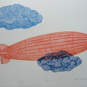 May include: A red and blue linocut print of a blimp flying over two clouds. The blimp has a star on the side and the clouds are stylised with swirling lines. The print is numbered 9/20 and signed "Erez  Koyhale".