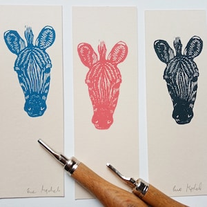 Segnalibro zebra - stampa linocut su carta, animali africani, animali Safari, illustrazione in stile retrò,