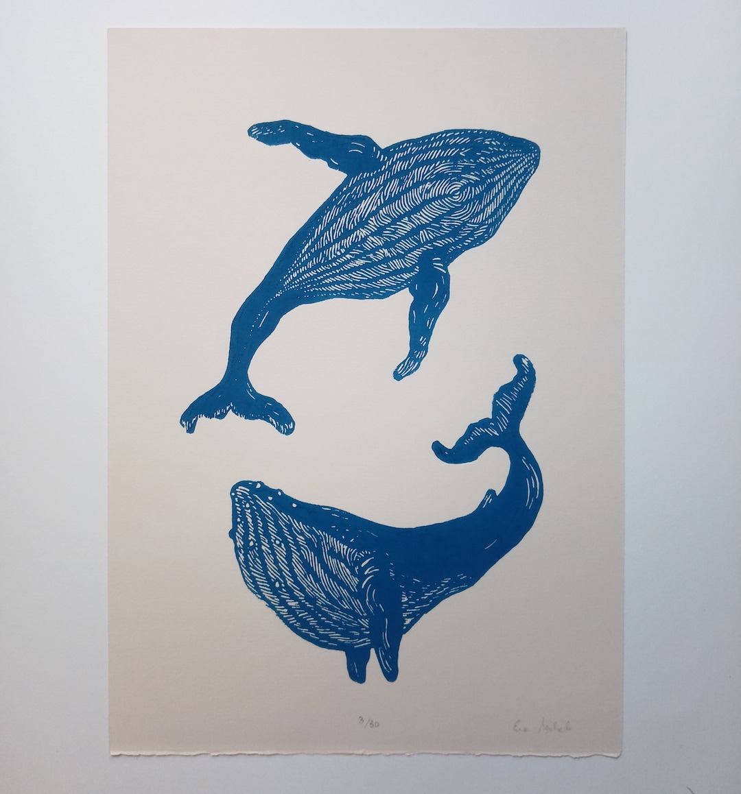 Linocut Print Whales Original Art Print, Nature Wall Art, Limited