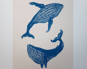 linocut print Whales - original art print, nature wall art, limited edition