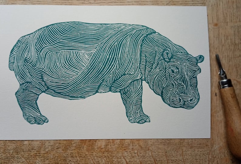 linocut HIPPOPOTAMUS original art print, savannah animals, nature artwork, limited edition, zoological illustration, hand carved and printed image 1