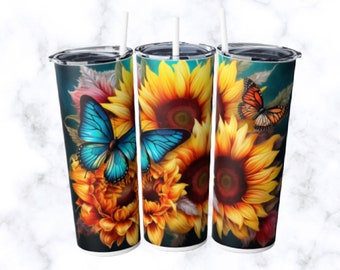 Fleurs de tournesol png et papillons colorées Gobelet 20 oz/ 0,59 litre Sublimation Design - Téléchargement numérique instantané PNG