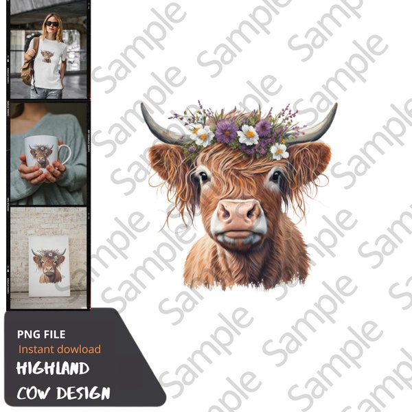 Vache Highland png avec fleurs artwork imprimable - Téléchargement instantané - Design pour t-shirt, mug, cadre, coussin, sac, bougie cadeau