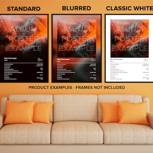 May include: Three different versions of a music poster with a black and white tracklist for the album "Will of the People" by Muse. The poster features a fiery orange and red mountain range in the background. The poster is shown in a standard, blurred, and classic white frame.