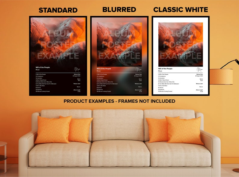 May include: Three different versions of a music poster with a black and white tracklist for the album "Will of the People" by Muse. The poster features a fiery orange and red mountain range in the background. The poster is shown in a standard, blurred, and classic white frame.