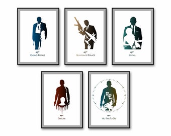 James Bond Poster Set - Daniel Craig James Bond 007 5 Movie Set - Casino Royale - Quantum of Solace - Skyfall - Spectre - No Time To Die