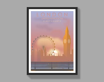 London Poster, London City Print , London Big Ben, London Coordinates, United Kingdom Travel Art, Minimalist Landmark Art Poster, City Print