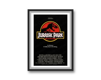 May include: A black and white poster for the movie Jurassic Park. The poster features the iconic Jurassic Park logo with a red circle and a dinosaur silhouette. The text "Jurassic Park" is in white letters and the text "An Adventure 65 Million Years In The Making" is in smaller white letters.
