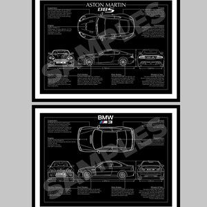 May include: Two framed black and white prints showcasing technical diagrams of Aston Martin DBS and BMW M3 cars. Each print includes top, side, and front views, with specifications and measurements in mm.