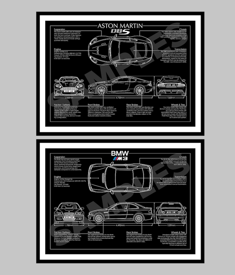 May include: Two framed black and white prints showcasing technical diagrams of Aston Martin DBS and BMW M3 cars. Each print includes top, side, and front views, with specifications and measurements in mm.