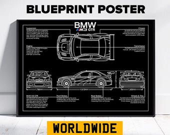 BMW M3 GTR Car Poster - Technical Blueprint Car Poster - Need For Speed Most Wanted - Frame NOT Included - Petrol head Gift for Him