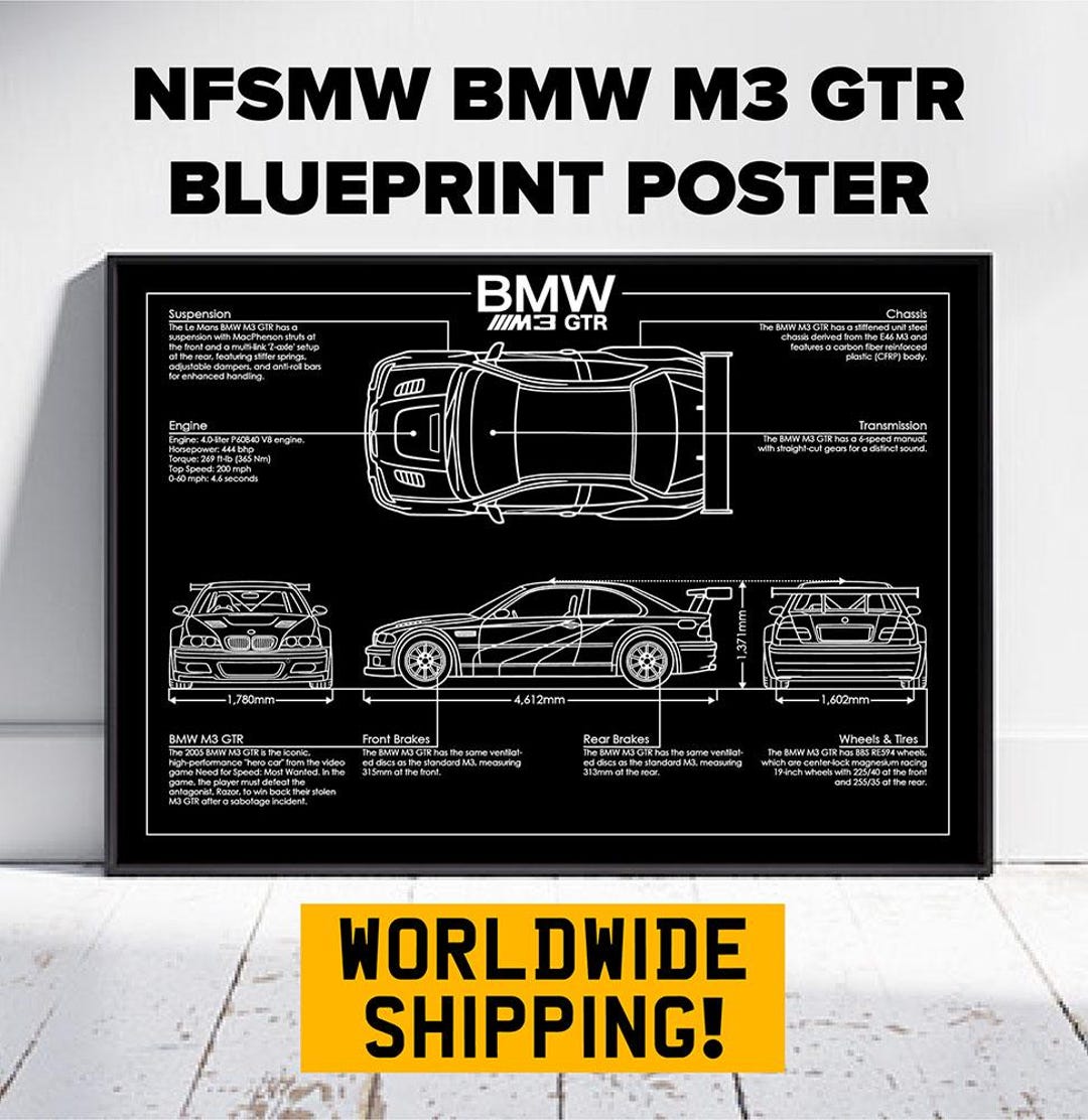 Iconic BMW M3 GTR Car Poster - Technical Blueprint Car Poster - Need ...