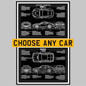 May include: A black and white poster with technical diagrams of an Aston Martin DBS and a BMW M3. The poster shows top, side, and front views, plus specifications. The text "CHOOSE ANY CAR" is displayed in a yellow banner.