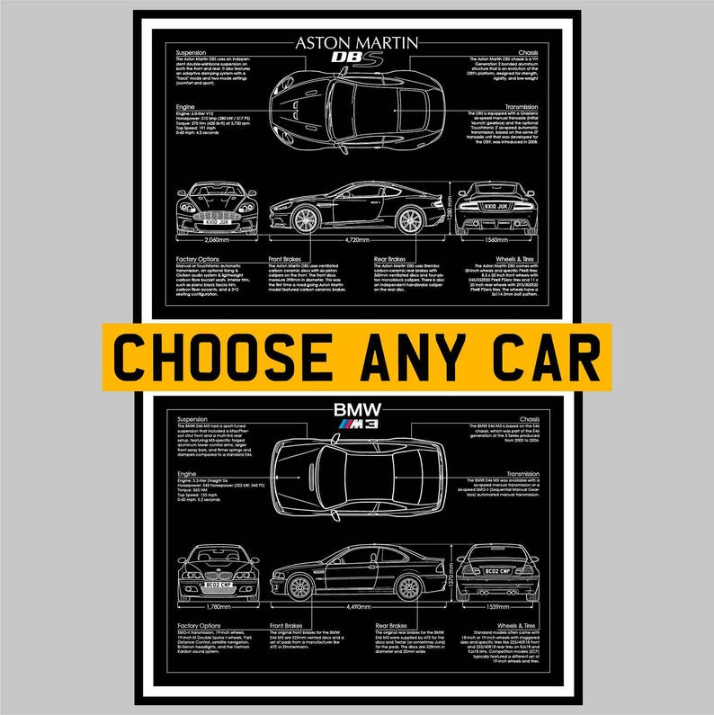 May include: A black and white poster with technical diagrams of an Aston Martin DBS and a BMW M3. The poster shows top, side, and front views, plus specifications. The text "CHOOSE ANY CAR" is displayed in a yellow banner.