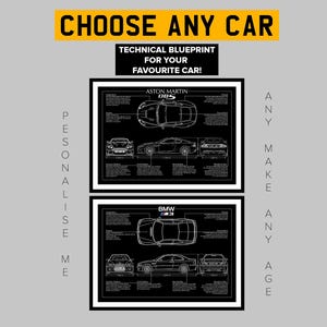 May include: Two framed car blueprints, one featuring an Aston Martin DBS and the other a BMW M3. The top banner reads "CHOOSE ANY CAR". The text "TECHNICAL BLUEPRINT FOR YOUR FAVOURITE CAR!" is also visible.