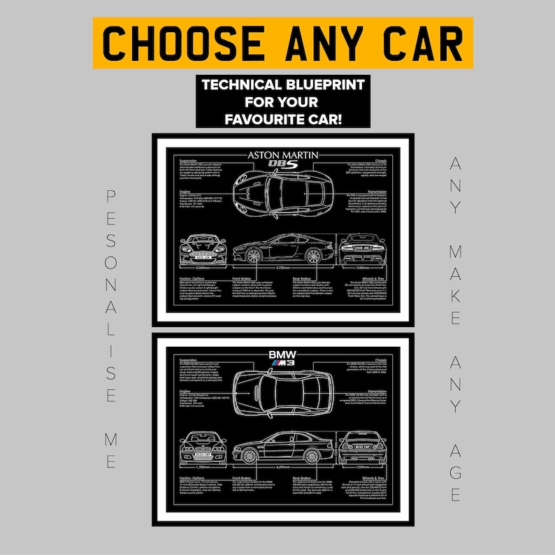 May include: Two framed car blueprints, one featuring an Aston Martin DBS and the other a BMW M3. The top banner reads "CHOOSE ANY CAR". The text "TECHNICAL BLUEPRINT FOR YOUR FAVOURITE CAR!" is also visible.