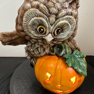 May include: A brown ceramic owl figurine with large yellow eyes and textured feathers, perched behind a bright orange carved pumpkin jack-o'-lantern. The pumpkin features a smiling face with cutouts that emit a warm, glowing yellow light.
