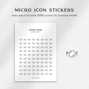 May include: A sheet of micro icon stickers with the text "MICRO ICON STICKERS" and "AVAILABLE IN OVER 200 ICONS TO CHOOSE FROM!". The sheet features a grid of dinner plate icons. A single dinner plate icon sticker is also shown.