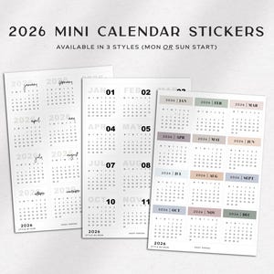 2026 MINI CALENDARS - Calendar Stickers | Planner Stickers | Minimal & Functional Planner Stickers | Minimal Stickers | Journaling Stickers