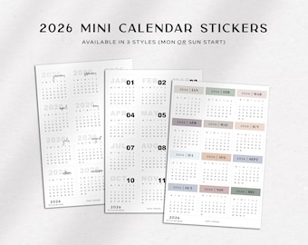 MINI CALENDRIERS 2026 - Stickers calendrier | Stickers pour agenda | Stickers pour agenda minimalistes et fonctionnels | Stickers minimaux | Autocollants de journalisation