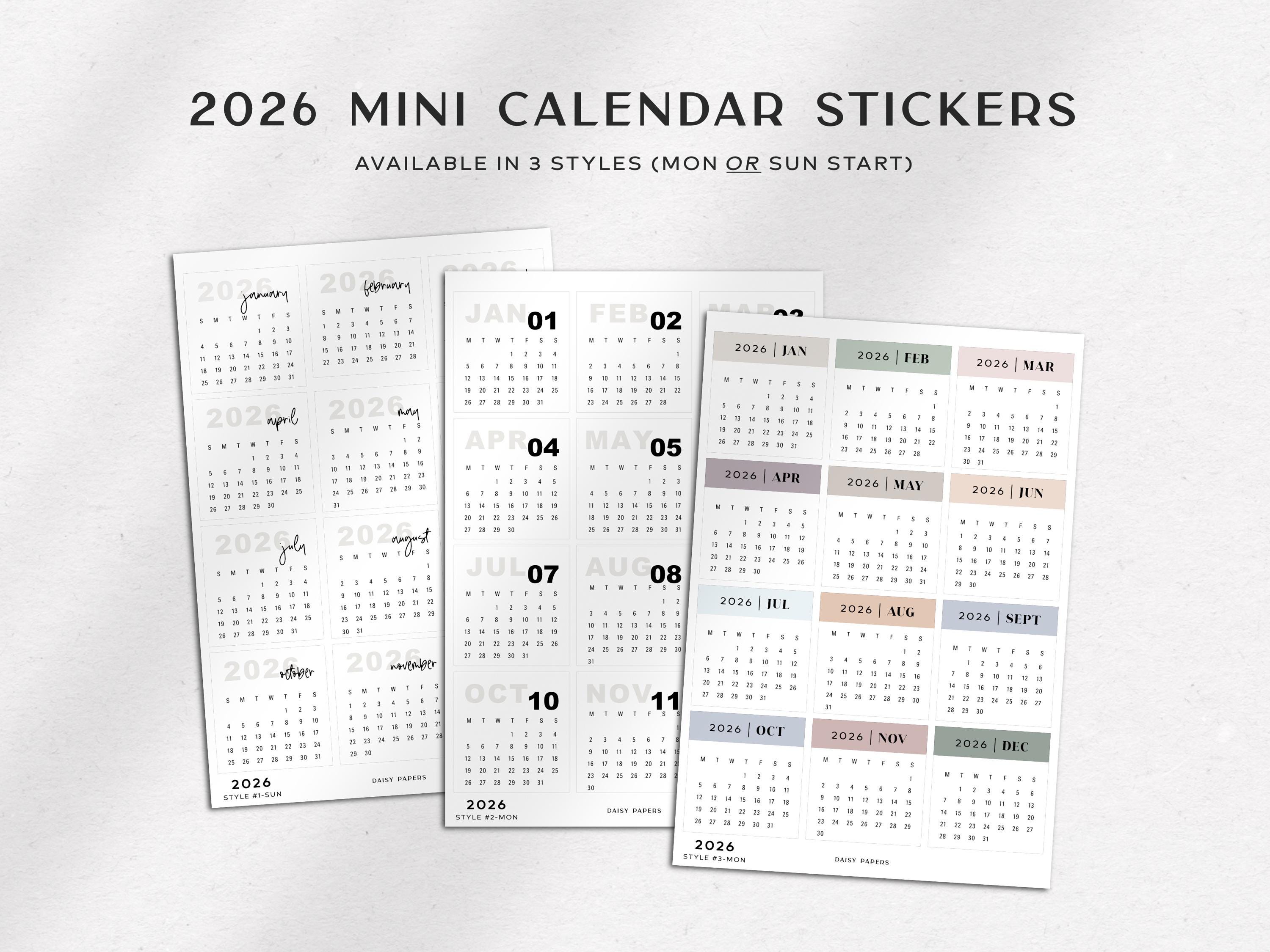 2026 MINI CALENDARS - Calendar Stickers | Planner Stickers | Minimal ...