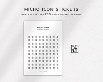 May include: A sheet of 100 small black and white washing machine icons on a white background. The icons are arranged in a grid pattern. The text "MICRO ICONS" and "WASHING MACHINE" is at the top of the sheet. The text "DAISY PAPERS" is at the bottom of the sheet.