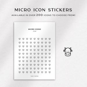 May include: A sheet of white paper with a grid of black cow icons. The sheet is labelled "Micro Icons" and "Cow". There is a larger black cow icon in the top right corner.