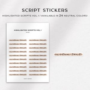 May include: A sheet of stickers with the text "custom text" repeated multiple times in a script font. The stickers are a nude color with a brown outline. The text "HIGHLIGHTED SCRIPTS VOL.1" and "NUDE" are printed at the top of the sheet.