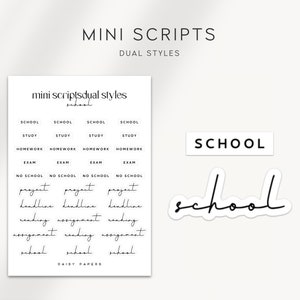 Peut inclure: Une feuille d'autocollants à thème scolaire imprimable avec deux styles de police différents. La feuille comprend des mots comme "école", "étude", "devoirs", "examen", "projet", "échéance", "lecture", "devoir" et "pas d'école".