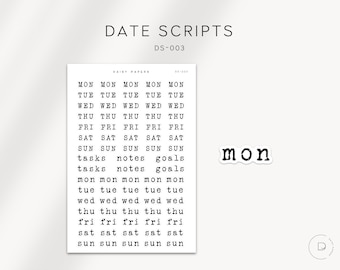 LETRAS DE FECHA (DS-003) - Abreviatura: Lunes a Domingo. Fuente de máquina de escribir para fechas - Pegatinas para agenda / Pegatinas minimalistas y funcionales / Bujo