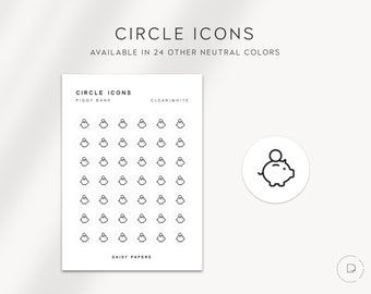 Könnte beinhalten: Ein Blatt weißes Papier mit einem Raster aus 49 schwarzen und weißen Sparschweine-Symbolen in Kreisen. Der Text "CIRCLE ICONS" befindet sich oben auf dem Blatt, und die Texte "PIGGY BANK" und "CLEAR/WHITE" befinden sich oben auf dem Raster. Der Text "DAISY PAPERS" befindet sich unten auf dem Blatt.