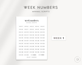 Workig Week Numbers WEEK NUMBERS - Functional Week 1-52 Labels | Weekly Stickers | Minimal ...