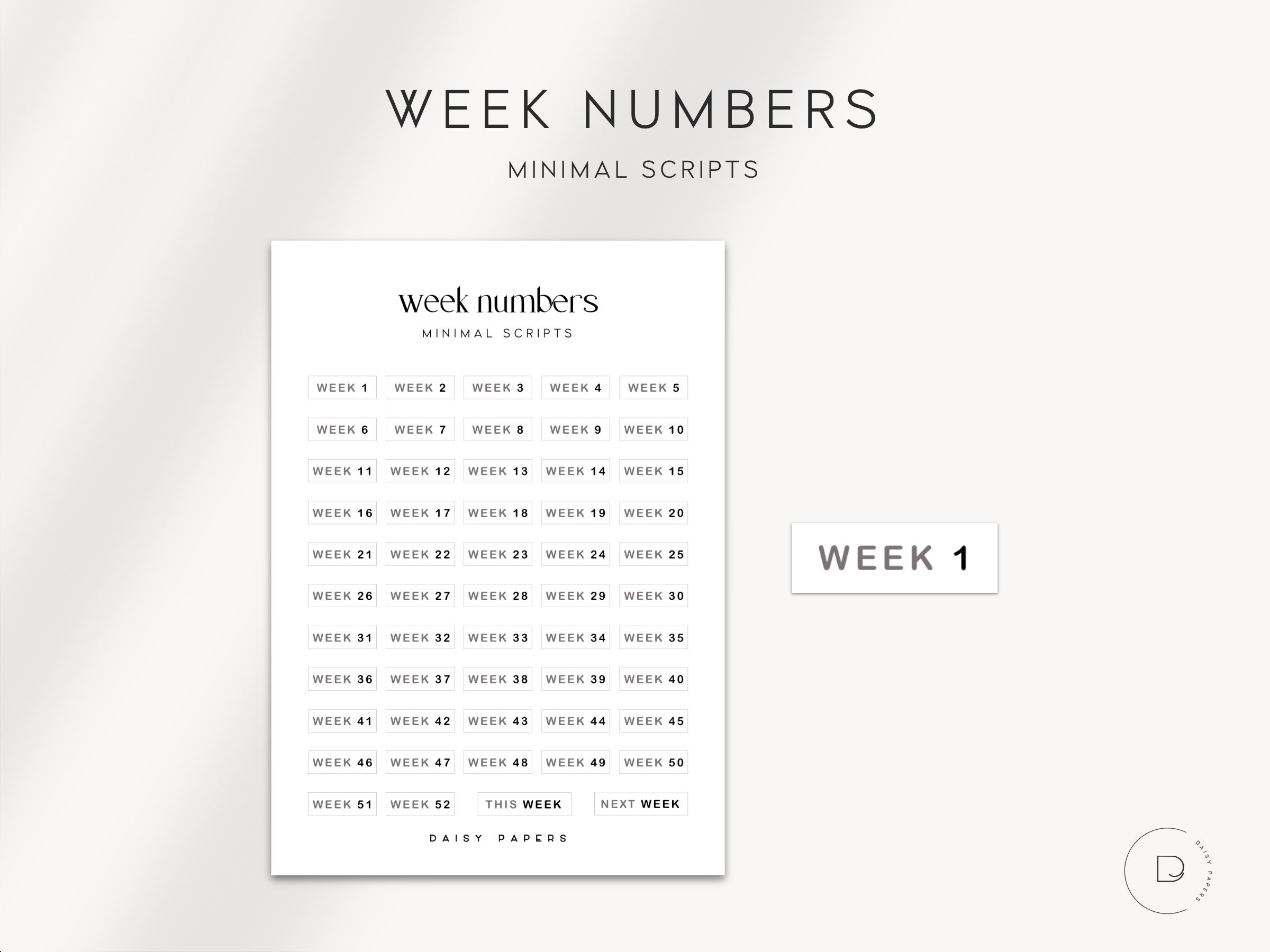Weekly Number Form WEEK NUMBERS - Functional Week 1-52 Labels | Weekly Stickers | Minimal ...