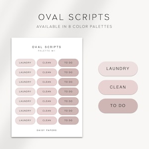 Könnte beinhalten: Ein bedruckbares Blatt mit ovalen Etiketten mit den Wörtern "Laundry", "Clean" und "To Do" in einer hellrosa Farbpalette. Die Wörter "Oval Scripts" und "Palette No. 1" befinden sich oben auf dem Blatt. Die Wörter "Daisy Papers" befinden sich unten auf dem Blatt.