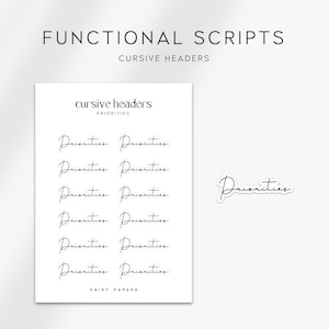 Pode incluir: Uma folha de adesivos de planejador imprimíveis com o texto cursivo "Prioridades" repetido várias vezes. O texto está em uma fonte simples e moderna. A folha é branca com uma borda preta e o texto "cursive headers" e "Daisy Daper" em uma fonte menor.