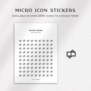 May include: A sheet of white paper with a grid of 64 small black dollar bill icons. The text "MICRO ICONS" and "DOLLAR BILLS" is at the top of the sheet. A larger black dollar bill icon is in the upper right corner of the image.