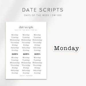 DATE SCRIPTS |  DW-001 - Functional Date Scripts - Monday to Sunday | Minimal & Functional Planner Stickers | Bullet Journal Stickers