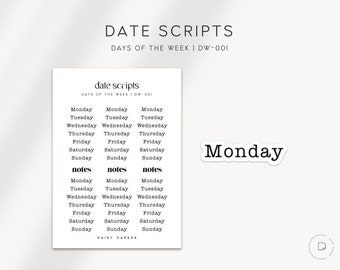 DATE SCRIPTS |  DW-001 - Functional Date Scripts - Monday to Sunday | Minimal & Functional Planner Stickers | Bullet Journal Stickers