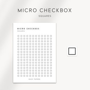 Puede incluir: Una hoja de papel blanca con el texto "MICRO CHECKBOX SQUARES" y una cuadrícula de pequeños cuadrados. Un solo cuadrado está aislado a la derecha. El texto "DAISY PAPERS" está en la parte inferior. El fondo es beige claro.