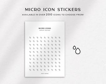 May include: A sheet of white paper with a grid of 81 small water drop icons. The text "MICRO ICONS PERIOD TRACKER" is at the top of the sheet. The text "BAISY PAPERS" is at the bottom of the sheet.