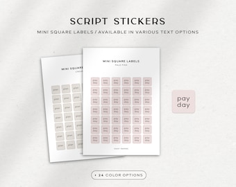 May include: Script stickers with mini square labels in various text options. The image shows two sheets of stickers, one with "plan" labels and the other with "pay day" labels. A single "pay day" sticker is also shown. The stickers are pale pink.