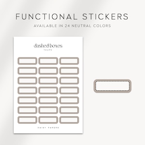 Puede incluir: Una hoja de pegatinas funcionales en color topo con un borde discontinuo. La hoja incluye 15 pegatinas rectangulares con fondo blanco y un borde discontinuo. La hoja está etiquetada como "dashed boxes" y "taupe".