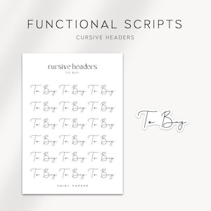 Pode incluir: Uma folha de cabeçalhos cursivos imprimíveis que diz "To Buy" em uma fonte manuscrita. A folha é branca com texto preto e é etiquetada como "Cursive Headers" na parte superior.