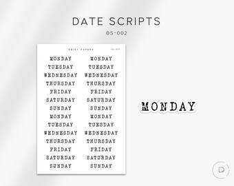 LETRAS PARA FECHAS (DS-002) - De lunes a domingo, con fuente de máquina de escribir - Pegatinas para agendas / Pegatinas minimalistas y funcionales / Pegatinas para bullet journal